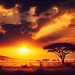 Generate a high-definition, realistic image illustrating the break of dawn or the evening twilight over the African savannah. The color palette should predominantly consist of golden hues, capturing the majesty of the rising or setting sun. Metaphorically, this scene could represent the precarious future, hanging in delicate equilibrium, with the vibrant light of the day in transition, shedding light on the age-old struggle of nature.