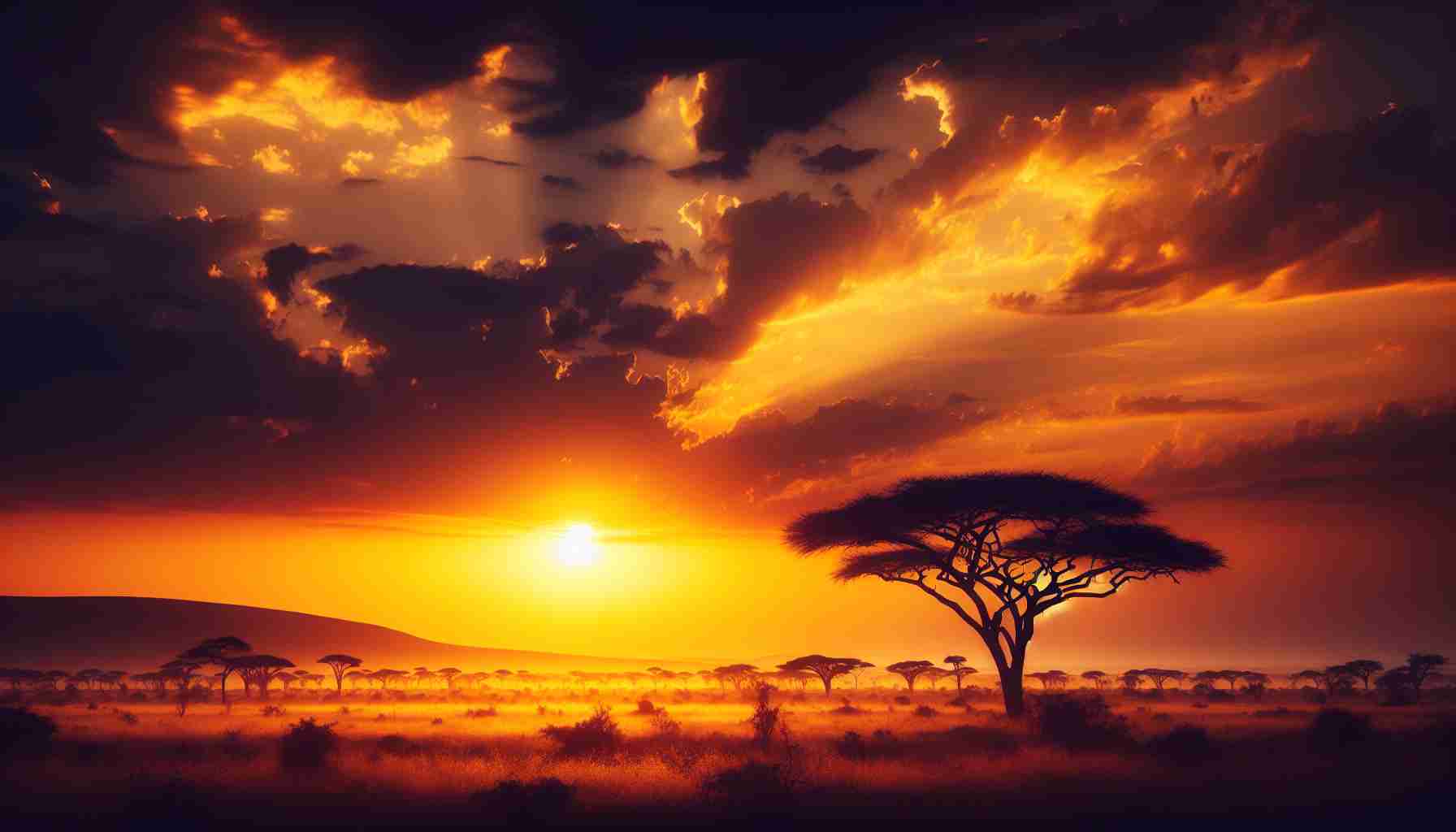 Generate a high-definition, realistic image illustrating the break of dawn or the evening twilight over the African savannah. The color palette should predominantly consist of golden hues, capturing the majesty of the rising or setting sun. Metaphorically, this scene could represent the precarious future, hanging in delicate equilibrium, with the vibrant light of the day in transition, shedding light on the age-old struggle of nature.
