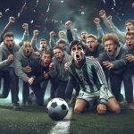 Create a hyper-realistic high-definition image depicting a dramatic sports scenario. The setting should be a football field just after a press conference, where the announcement of a young superstar moving to a second division team is conveyed. Capture the feelings of shock, surprise, and anticipation in the faces of the other team members, mixed with the determination and challenge on the young player's face.