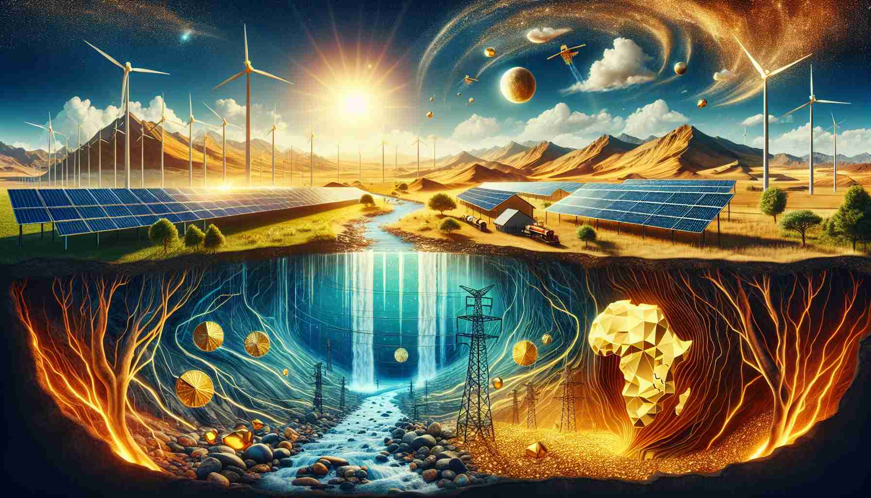 Create a highly detailed and realistic image encompassing the concept of untapped energy potential in Africa. Consider illustrating this concept through symbolic elements such as a vast African landscape filled with sunlight, solar panels, wind turbines, and flowing rivers implying hydroelectric power. Additionally, include an underground view showing gold veins representing the rich resources yet to be tapped. Boost these elements with an HD effect to enhance the clarity and realism of the image.