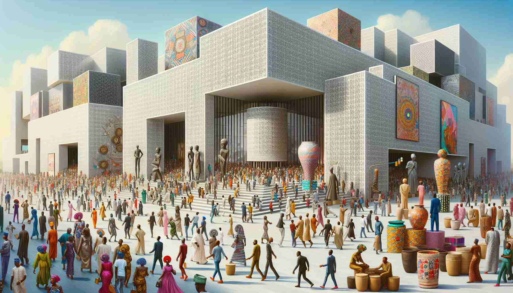 A vibrant and bustling Nigerian art scene is about to make a significant impact. An important museum is set to open its doors this coming November. The image should reflect the anticipation and excitement that pervades the air, with a variety of artists of different genders and descents, showcasing their work. The architecture of the museum should blend modern and traditional elements, representing the rich cultural heritage and contemporary spirit of Nigeria. The image should be a high-definition, hyper-realistic representation of this thriving art scene.