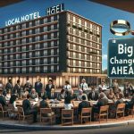 A realistic high-definition image showing a local hotel undergoing major changes and transformations. Close to it, a temporary signboard displaying the phrase 'Big Changes Ahead'. In another part of the scene, a group of diverse people gather for a meeting. They consist of a mix of males and females from various descents such as Caucasian, Hispanic, Black, Middle-Eastern and South Asian. They are engaged in a heated debate, symbolizing a discussion on workers’ rights, indicated by documents and legal books spread on the table. Please include elements that symbolize scrutiny, like magnifying glasses or critical expressions.