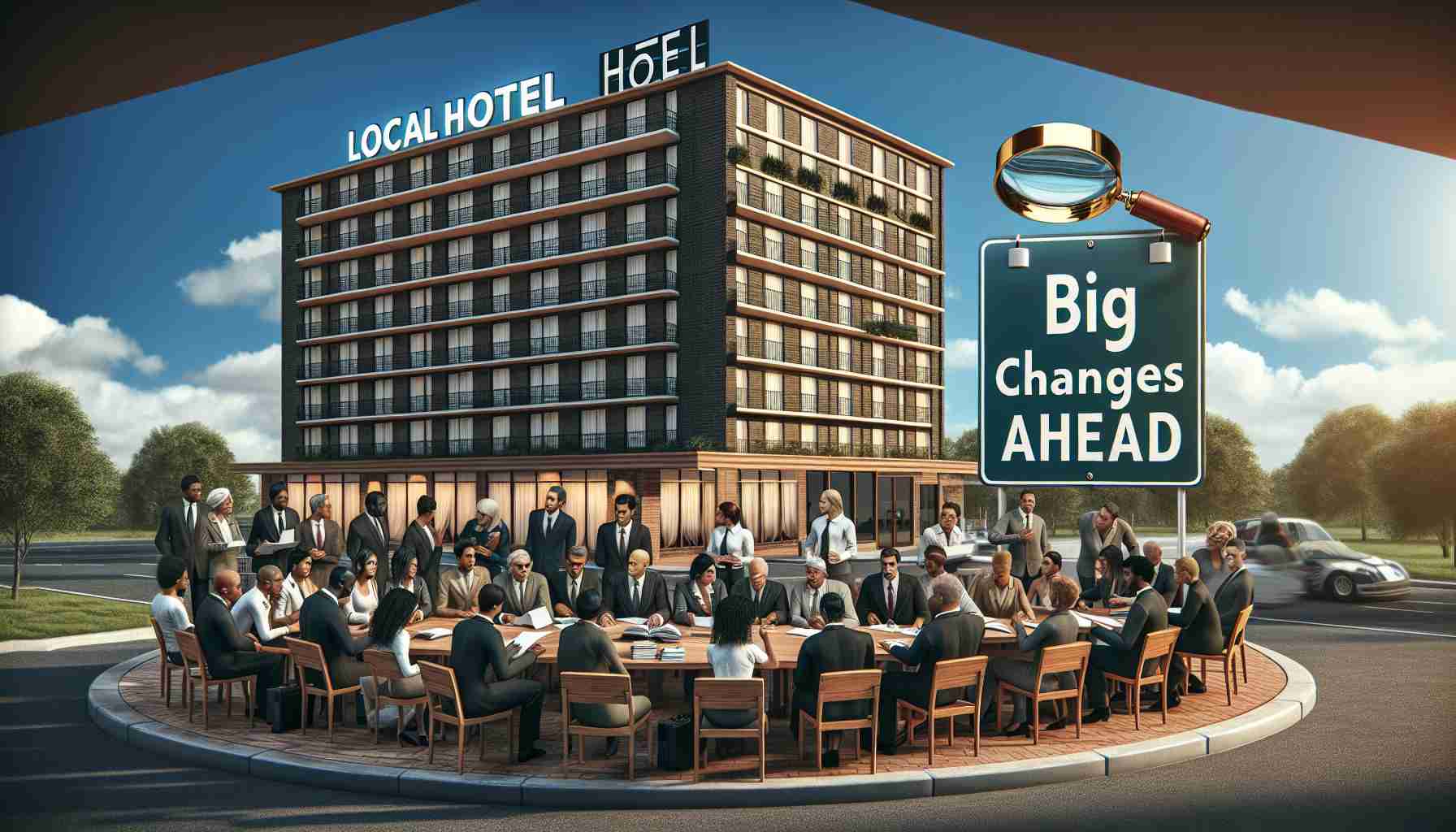 A realistic high-definition image showing a local hotel undergoing major changes and transformations. Close to it, a temporary signboard displaying the phrase 'Big Changes Ahead'. In another part of the scene, a group of diverse people gather for a meeting. They consist of a mix of males and females from various descents such as Caucasian, Hispanic, Black, Middle-Eastern and South Asian. They are engaged in a heated debate, symbolizing a discussion on workers’ rights, indicated by documents and legal books spread on the table. Please include elements that symbolize scrutiny, like magnifying glasses or critical expressions.