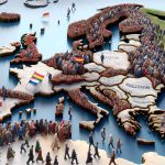 A detailed and realistic image representing Europe's migration situation. The scene should offer a metaphorical view of a shift towards the right, symbolizing a conservative political shift. For instance, visualize a crowd of diverse individuals representing different descents such as Caucasian, Black, Middle-Eastern, Hispanic, and South Asian, all moving across an intricately detailed map of Europe. The crowd is gradually shifting towards the right, indicating a political shift. Render this scene in a high-definition, realistic style. Please do not include any specific politicians or public figures.