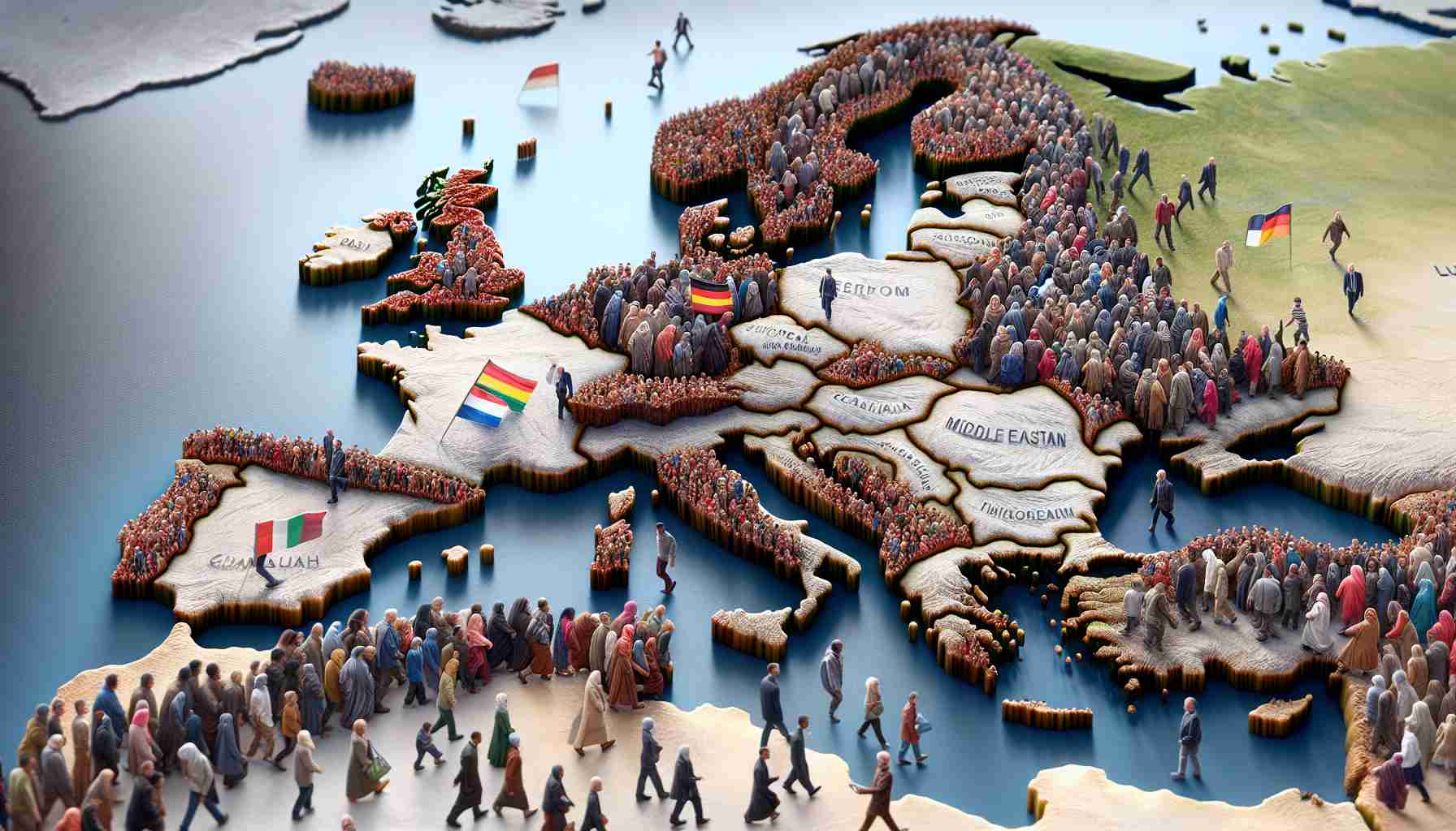 A detailed and realistic image representing Europe's migration situation. The scene should offer a metaphorical view of a shift towards the right, symbolizing a conservative political shift. For instance, visualize a crowd of diverse individuals representing different descents such as Caucasian, Black, Middle-Eastern, Hispanic, and South Asian, all moving across an intricately detailed map of Europe. The crowd is gradually shifting towards the right, indicating a political shift. Render this scene in a high-definition, realistic style. Please do not include any specific politicians or public figures.
