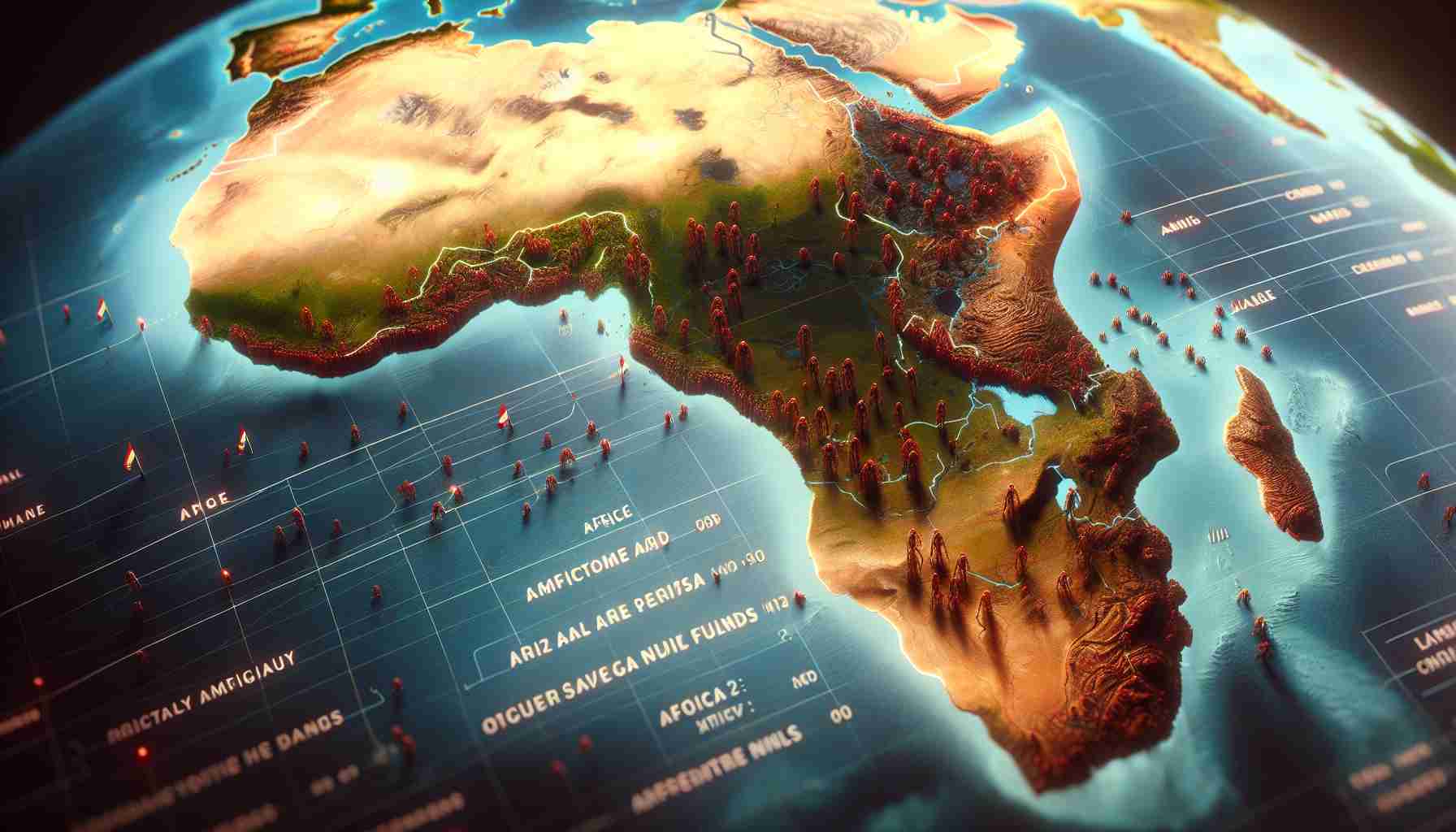 High definition realistic image of a map of Africa highlighting regions affected by a severe Mpox outbreak. Details of the photo should denote a sense of intensity and urgency, such as flags at half mast, or typographical markers indicating areas of conflict and insufficient funds, thus contributing to the crisis. Render the strain on resources and the overall daunting atmosphere of the predicament.