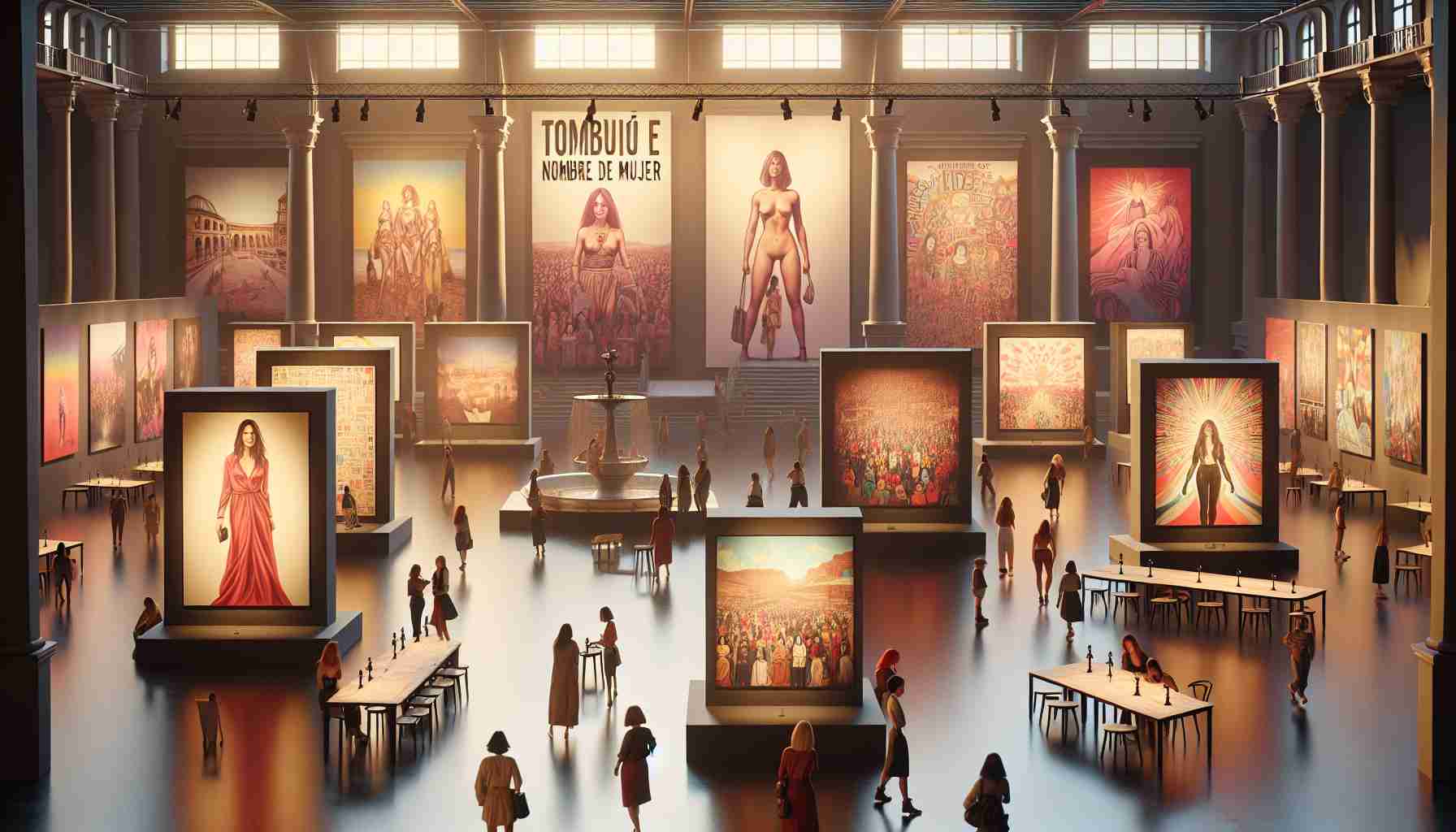 Realistic high-definition illustration of a scene from an art exhibition titled 'Tombuctú es nombre de Mujer'. This exhibition promotes the power and strength of women. The scene reflects an art venue in Gran Canaria, populated by various artworks showcasing empowering women-themed art.
