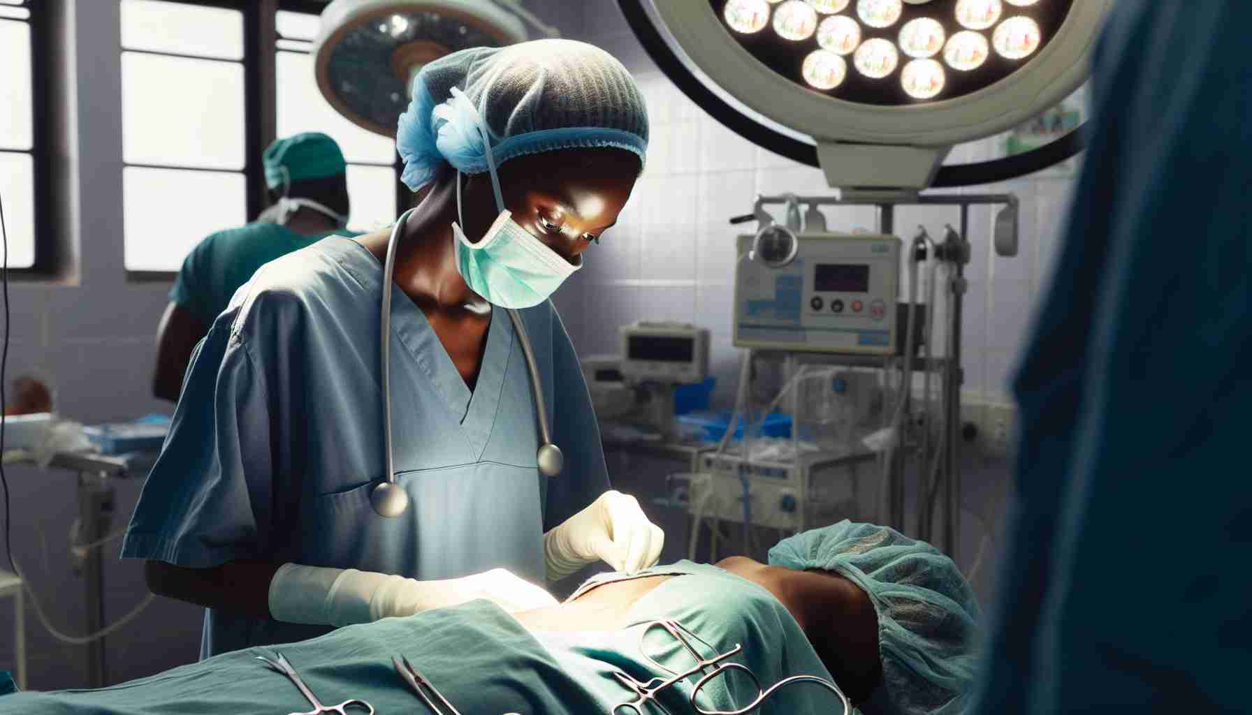 Generate a photorealistic high-definition image depicting the struggle against breast cancer in a healthcare setting located in Sierra Leone. Picture a female Sierra Leonean surgeon, wearing hospital scrubs, deeply focused and determined. She is working in a modest operating room, under bright surgical lights. Her patient is an anonymous woman lying on the operating bed, surrounded by medical equipment. The air is heavy with quiet intensity, as hope and heartbreak coexist in this struggle against disease.