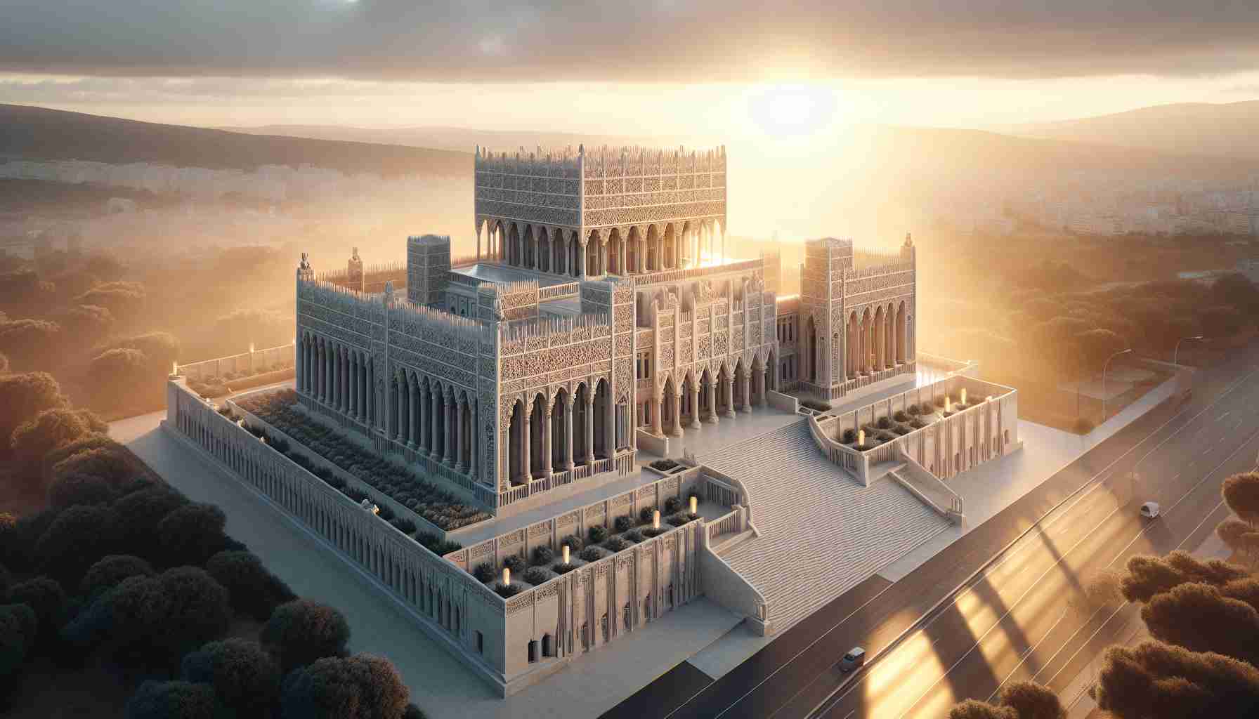 An intricately detailed, realistic high-definition image of the Casa Mediterráneo structure during sunrise. The image should capture the architectural essence of the building, reflecting its importance as a symbol of Mediterranean diplomacy. Highlight the soft morning sun rays falling on the building, gilding it with an ethereal glow that marks the dawn of a new day, and possibly, a new era for Mediterranean diplomacy.