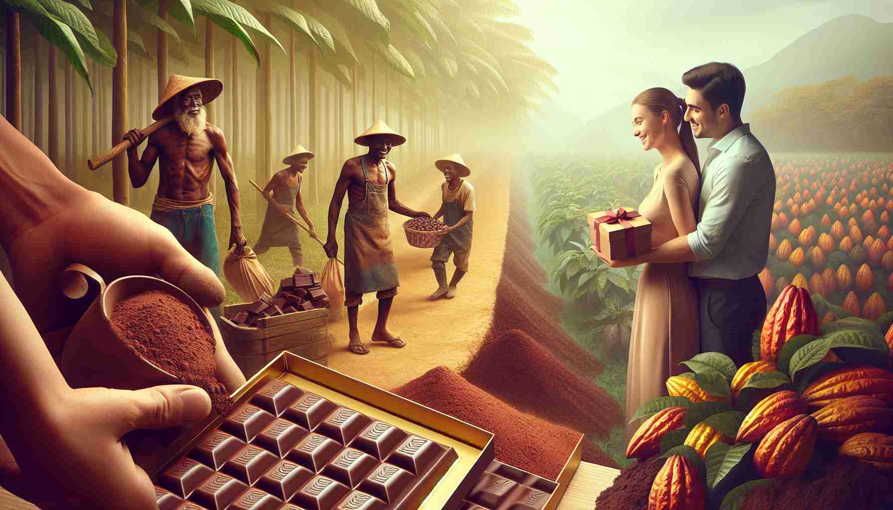 Generate a high-definition, realistic image representing the concept of the 'Hidden Cost of Chocolate'. Show a scene of cocoa bean farmers in the field, working under tough conditions, with chocolate bars in the foreground. In the background, depict a couple exchanging a box of chocolates as a Valentine's gift. Show the juxtaposition of their joyous moment with the hard work of the farmers. Try to communicate the narrative that there's a bigger story behind the sweet treats we enjoy.