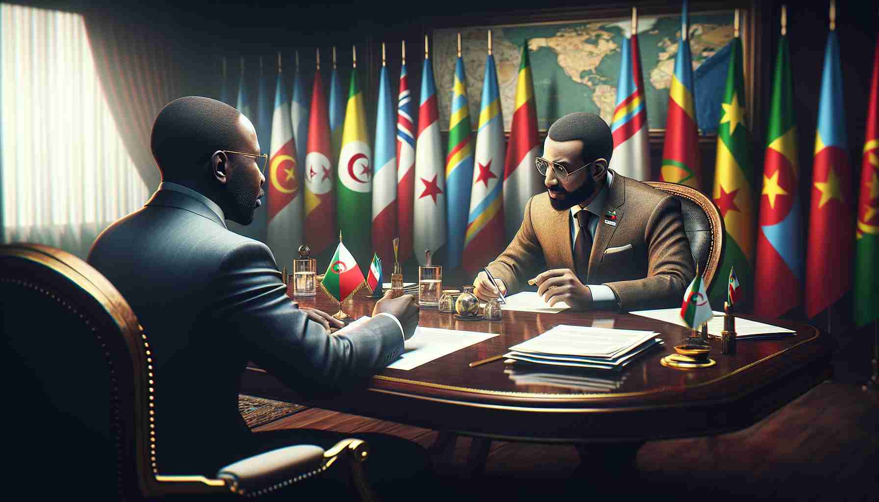 High-definition digital image depicting a scene of peace talks. An inferred Algerian diplomat is seen seated at a round table adorned with official documents, conversing with an implied Congolese official. The background is a room filled with national flags and world maps, implying a sense of international diplomacy. Their intense concentration and dedication reflect the efforts made to resolve Congo's ongoing turmoil.