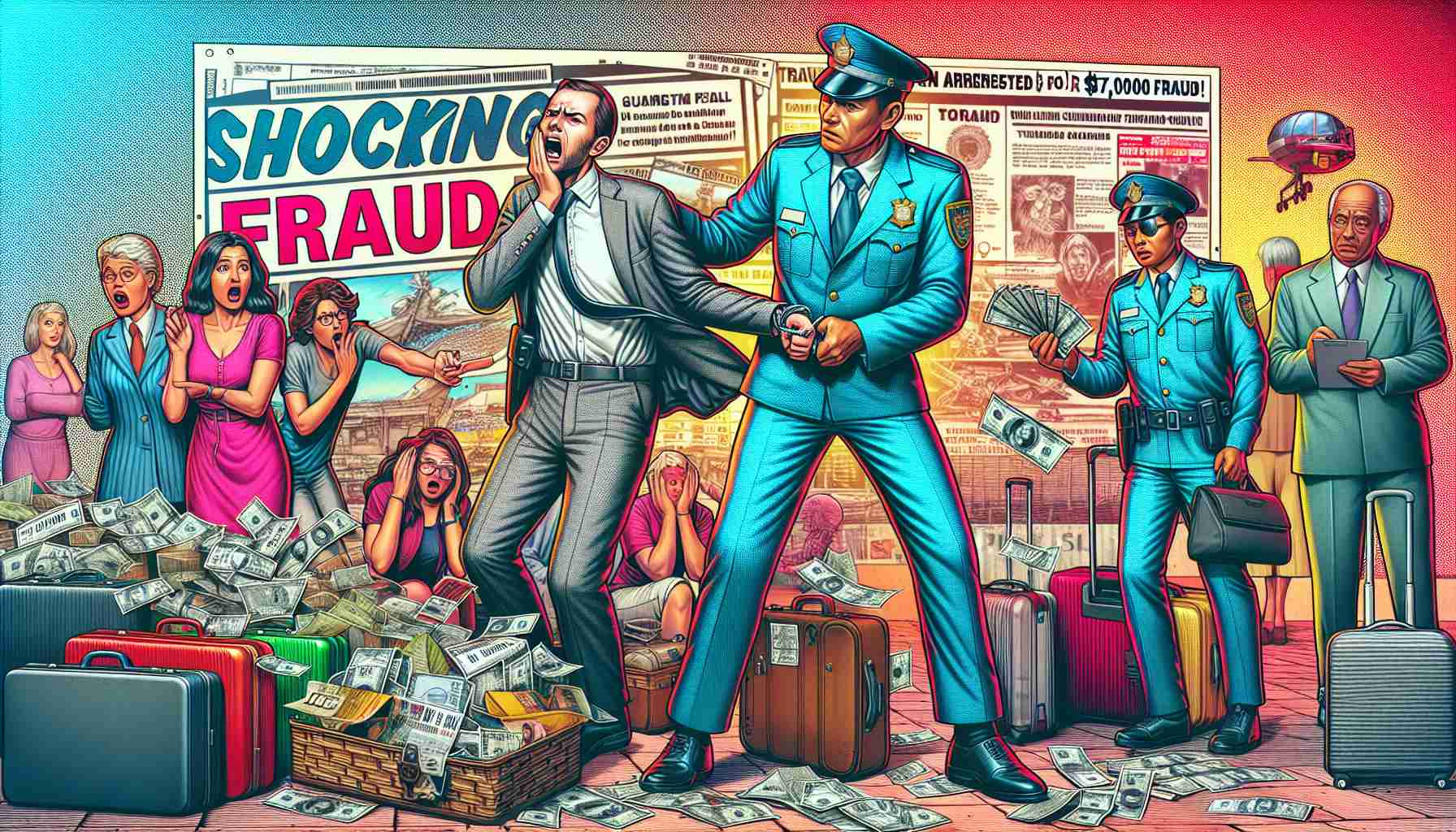 A vivid, high-resolution image illustrating a news headline: 'Shocking Travel Scam Unveiled: Man Arrested for $7,000 Fraud!'. The image shows a distressed Caucasian man in business attire being arrested by a South Asian police officer, with bewildered tourists watching the scene. In the background, travel paraphernalia such as suitcases, tickets, and brochures are chaotically scattered, hinting at the shady dealings. A banner reads '$7,000 Fraud!' to emphasize the severity of the crime.