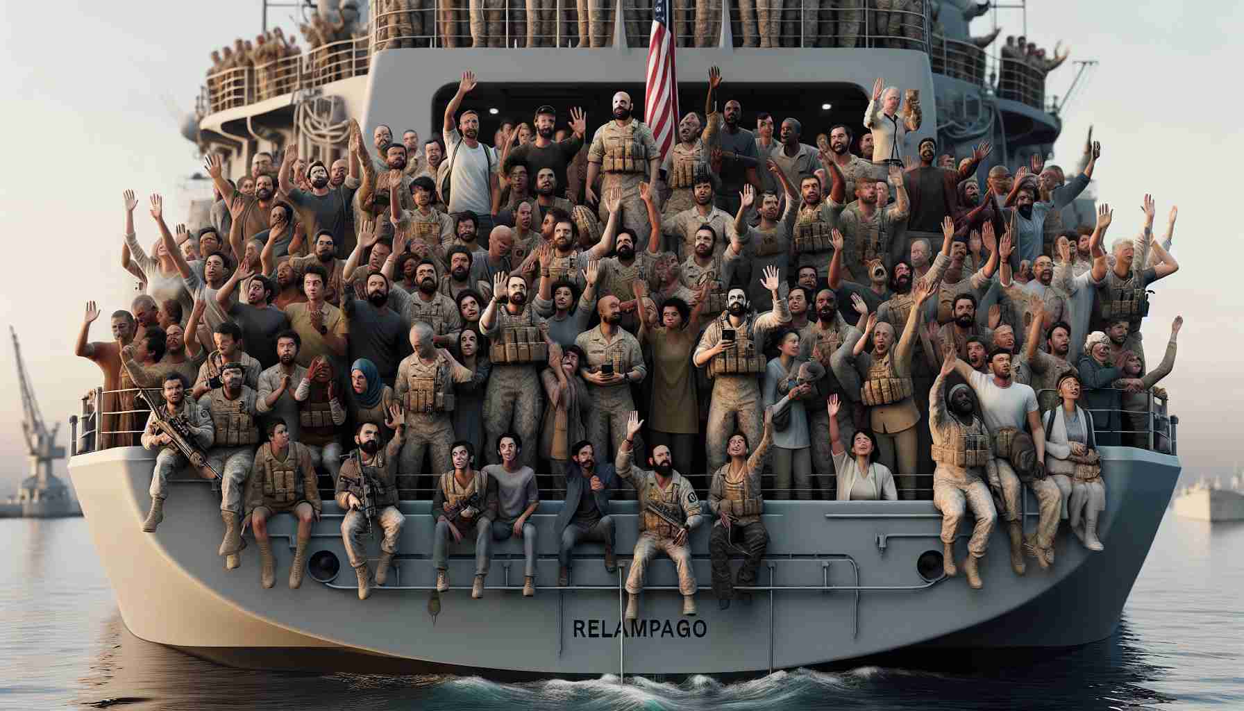 A high-definition, realistic image capturing the poignant farewells as a naval ship, named 'Relámpago', embarks on an essential mission. The crew on board the ship are composed of people from various descents - Middle-Eastern, Caucasian, Hispanic, Black, South Asian. The diversity extends to the onlookers on the dock - waving, crying, and giving good luck gestures - their expressions full of mixed emotions, capturing the gravity of the moment.