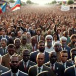 Detailed and realistic HD image capturing a humanitarian peace rally in Congo. The scene unfolds in a large outdoor gathering space, filled with passionate leaders and activists, each of varying descents such as South Asian, Caucasian, Black, and Middle Eastern. They stand shoulder to shoulder, their faces alight with hope and determination. Banners and placards with calls for peace and unity are being waved above the crowd, marking a hopeful turning point in the midst of a crisis. No specific public figures are identifiable, emphasising the collective effort for peace.