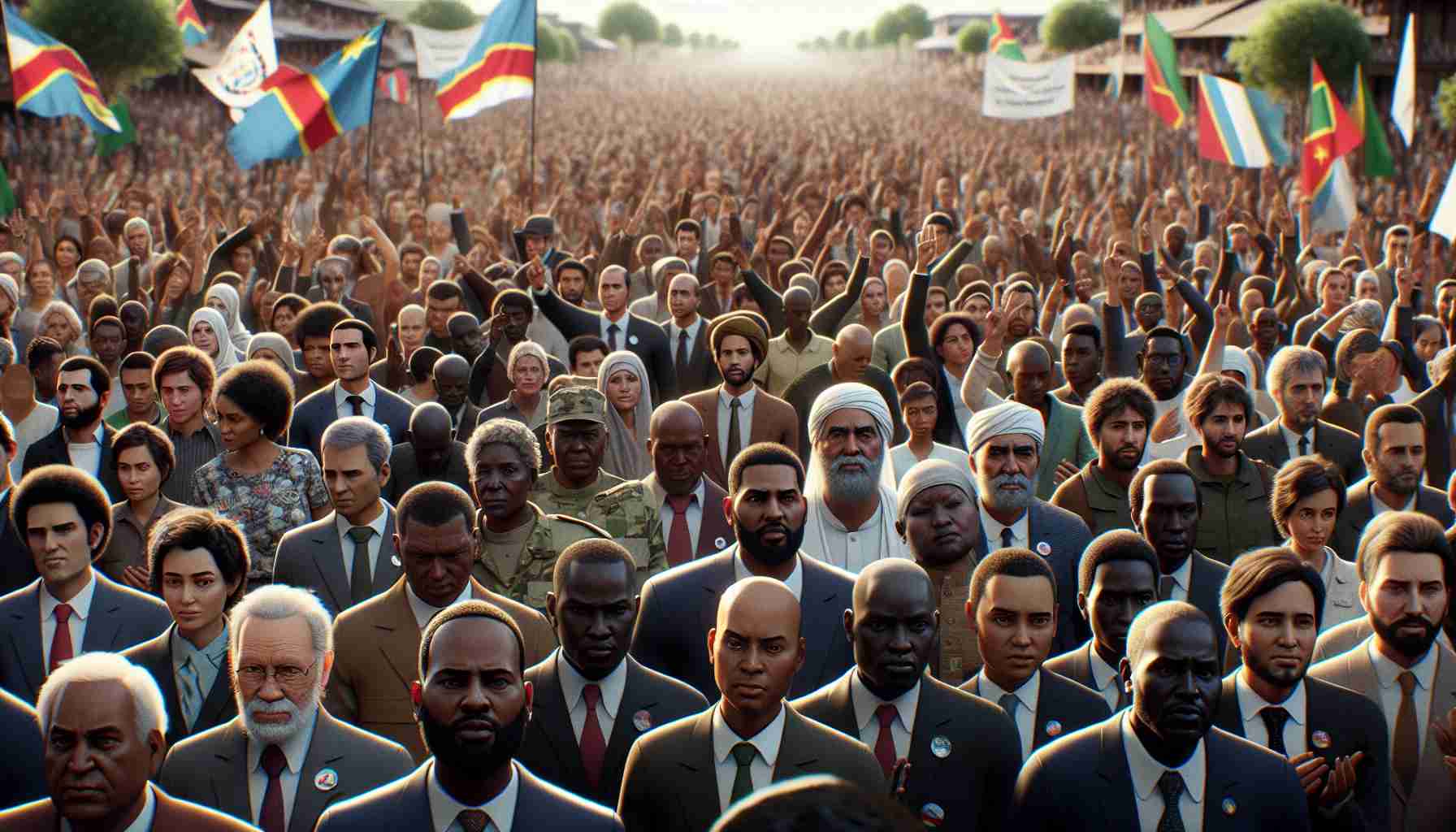 Detailed and realistic HD image capturing a humanitarian peace rally in Congo. The scene unfolds in a large outdoor gathering space, filled with passionate leaders and activists, each of varying descents such as South Asian, Caucasian, Black, and Middle Eastern. They stand shoulder to shoulder, their faces alight with hope and determination. Banners and placards with calls for peace and unity are being waved above the crowd, marking a hopeful turning point in the midst of a crisis. No specific public figures are identifiable, emphasising the collective effort for peace.