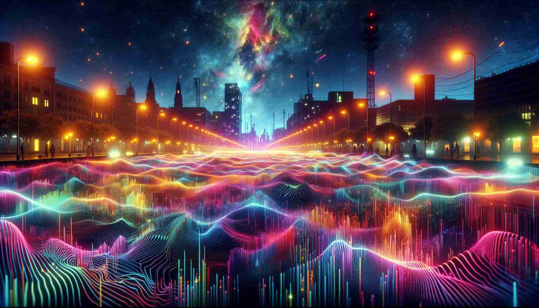 A realistic HD recreation of the immersive audiovisual spectacle 'At-Tariq'. This creation is by a reputed sound artist who electrified a city in Spain with this masterpiece. The image should depict a night scene filled with vibrant colors signifying the immersion of sounds, and abstract thought-provoking patterns that represent the explorative guide to discovering the night.