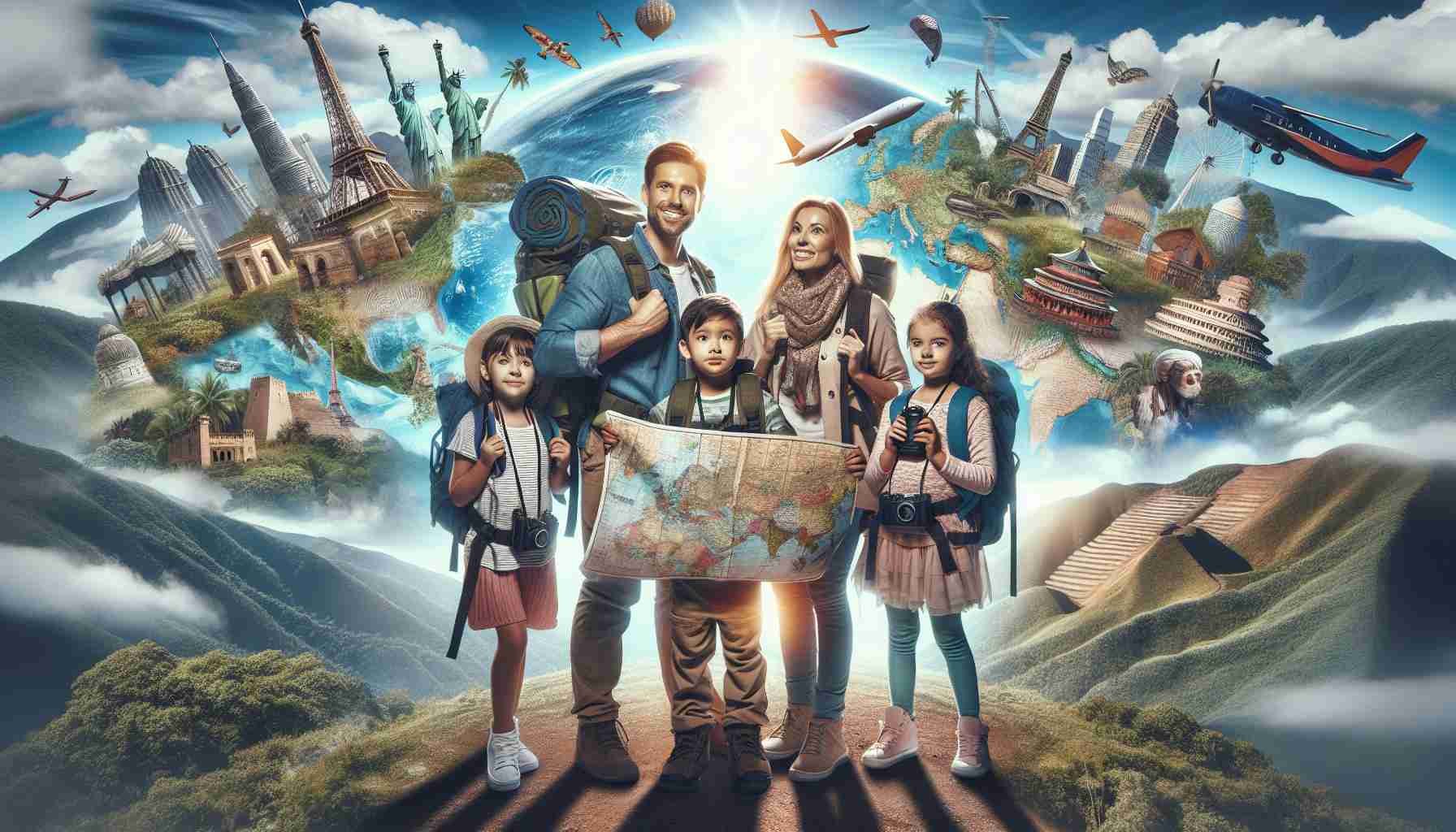 High-definition image showcasing the ultimate family adventure. Picture a diverse family as follows: a Hispanic father who is carrying a backpack filled with essential tools, a Caucasian mother who is holding a world map unfolded, and a Middle Eastern little boy and a girl, both with walkie talkies in their hands and binoculars around their neck. They stand on a hill overlooking diverse landscapes from around the world, with recognizable landmarks such as the Great Wall of China, the Eiffel Tower, the Pyramids of Egypt, and the Amazon Rainforest. The excitement and sense of exploration should be evident on their faces.